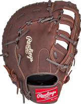 The Rawlings Player Preferred First Base Mitt is a brown full-grain leather glove with tan stitching, gray laces, the Rawlings logo, and a red patch on the wrist strap for extra impact protection.