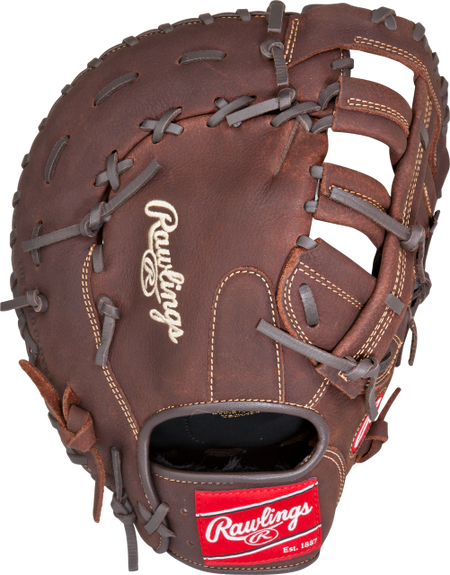 The Rawlings Player Preferred First Base Mitt is a brown full-grain leather glove with tan stitching, gray laces, the Rawlings logo, and a red patch on the wrist strap for extra impact protection.