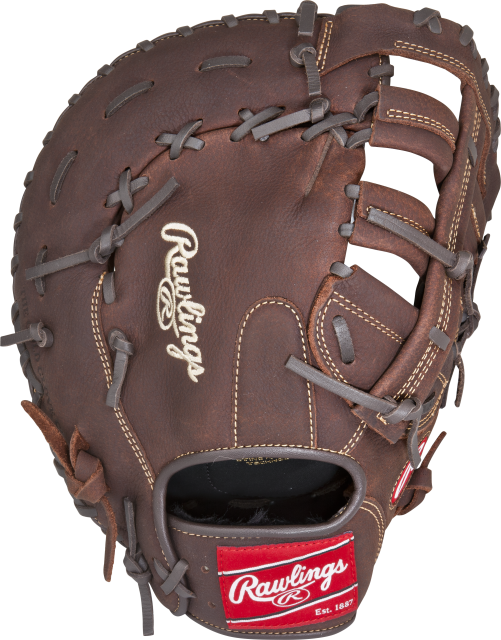 The Rawlings Player Preferred First Base Mitt is a brown full-grain leather glove with tan stitching, gray laces, the Rawlings logo, and a red patch on the wrist strap for extra impact protection.