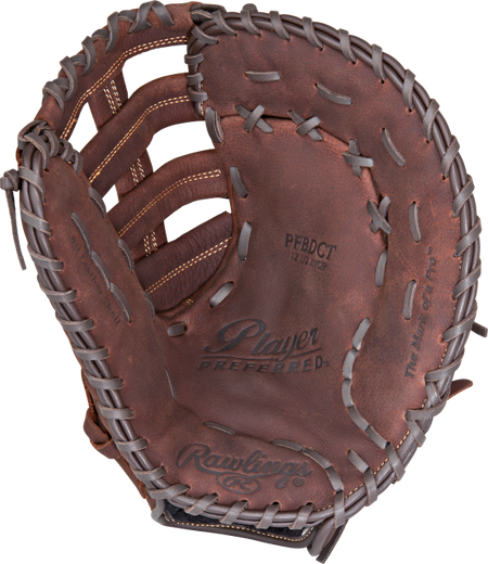 The Rawlings Player Preferred - First Base Mitt features brown full-grain leather, gray laces, visible palm stitching, and both Rawlings and Player Preferred logos for superior impact protection.