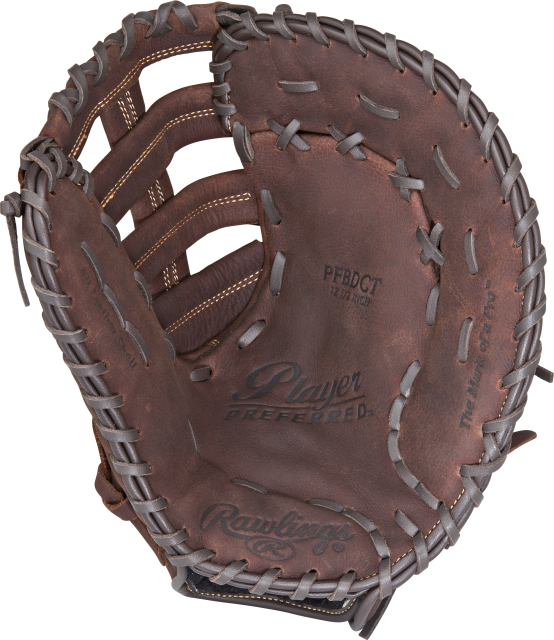 The Rawlings Player Preferred - First Base Mitt features brown full-grain leather, gray laces, visible palm stitching, and both Rawlings and Player Preferred logos for superior impact protection.