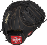 The Rawlings Renegade Catchers Mitt is a black leather glove with tan stitching, a red Rawlings logo patch, open web design, cushioned palm, pro mesh back, and visible Rawlings brand markings.