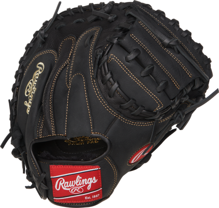 The Rawlings Renegade Catchers Mitt is a black leather glove with tan stitching, a red Rawlings logo patch, open web design, cushioned palm, pro mesh back, and visible Rawlings brand markings.