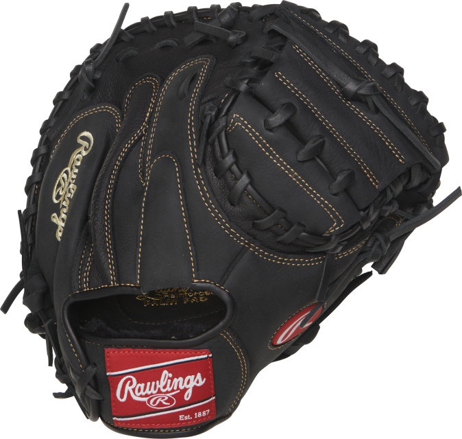 The Rawlings Renegade Catchers Mitt is a black leather glove with tan stitching, a red Rawlings logo patch, open web design, cushioned palm, pro mesh back, and visible Rawlings brand markings.