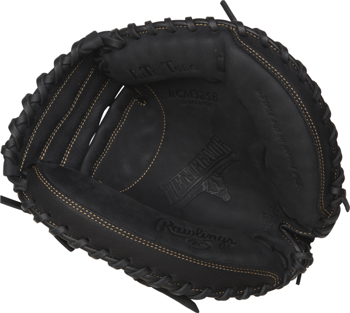 A close-up of the Rawlings Renegade Catchers Mitt, an open black leather glove with tan stitching, reveals its cushioned palm and embossed Rawlings logos.