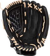 The Rawlings RSB Series 13" Mitt is a junior baseball glove crafted from black leather with tan laces, featuring a Basket Web design, detailed stitching, and comfortable finger slots.