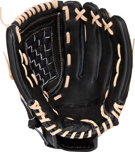 The Rawlings RSB Series 13" Mitt is a junior baseball glove crafted from black leather with tan laces, featuring a Basket Web design, detailed stitching, and comfortable finger slots.