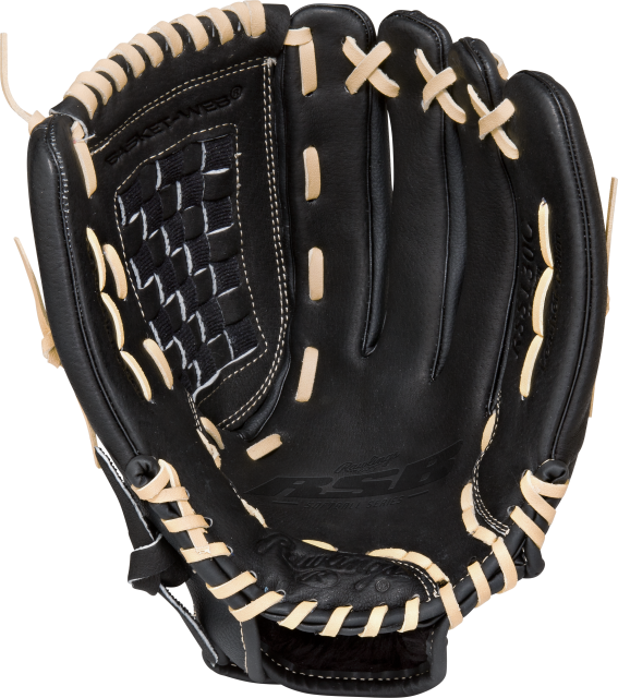 The Rawlings RSB Series 13" Mitt is a junior baseball glove crafted from black leather with tan laces, featuring a Basket Web design, detailed stitching, and comfortable finger slots.