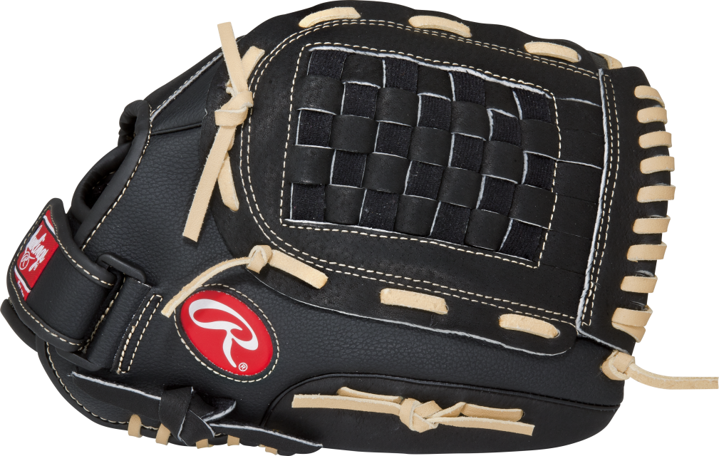 The Rawlings RSB Series 13" Mitt is a junior black baseball glove with beige laces, white stitching, a woven closed web, and a red Rawlings logo patch on the side.