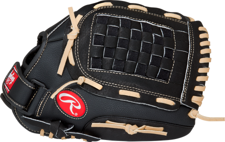 The Rawlings RSB Series 13" Mitt is a junior black baseball glove with beige laces, white stitching, a woven closed web, and a red Rawlings logo patch on the side.