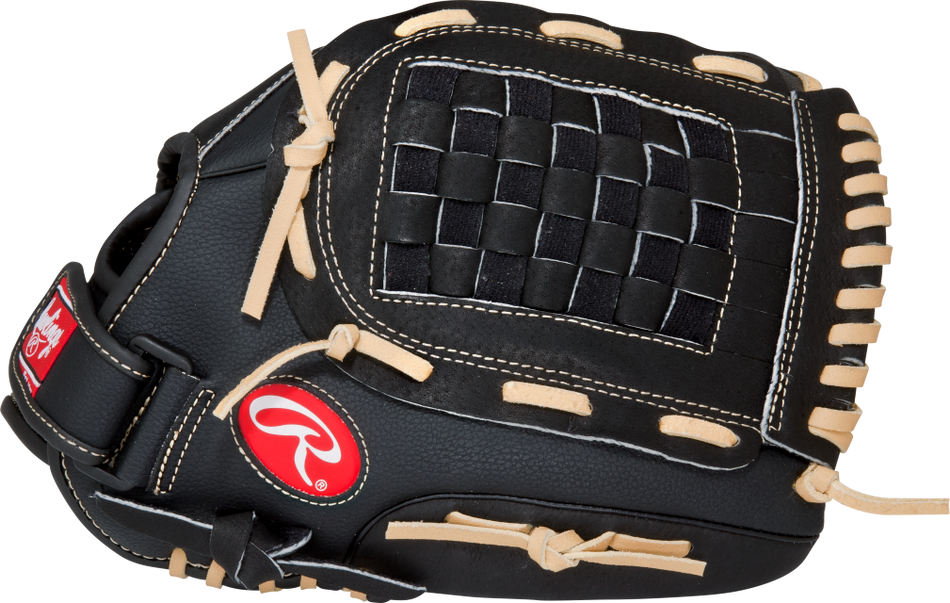 The Rawlings RSB Series 13" Mitt is a junior black baseball glove with beige laces, white stitching, a woven closed web, and a red Rawlings logo patch on the side.