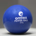 A blue Omtex PowerBall 600g for cricket training with weighted balls rests on a light surface against a gray background.