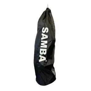 The Samba 5-Ball Tube, a black mesh bag with SAMBA in bold white letters down the side, hangs from a hook.