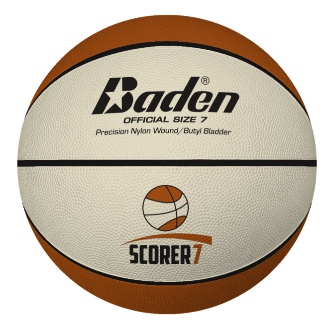 The Baden Sports Scorer Rubber Replica Basketball is a deluxe rubber basketball featuring distinctive brown and cream panels with the Baden Official Size 7 marking and logo displayed on the front. Ideal for schools, this basketball showcases a stylish design that includes a small basketball graphic and detailed text elements.