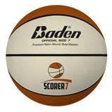 The Baden Sports Scorer Rubber Replica Basketball is a deluxe rubber basketball featuring distinctive brown and cream panels with the Baden Official Size 7 marking and logo displayed on the front. Ideal for schools, this basketball showcases a stylish design that includes a small basketball graphic and detailed text elements.