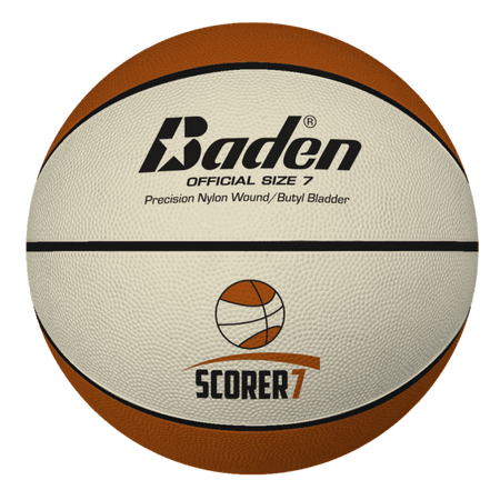 The Baden Sports Scorer Rubber Replica Basketball is a deluxe rubber basketball featuring distinctive brown and cream panels with the Baden Official Size 7 marking and logo displayed on the front. Ideal for schools, this basketball showcases a stylish design that includes a small basketball graphic and detailed text elements.