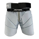 The Mercian Junior Genesis 3 Goalkeeper Shorts in silver grey offer flexible thigh and hip padding for superior protection. Ideal for junior goalies, these sports shorts from Mercian feature an adjustable belt and are designed for contact sports.