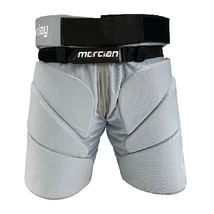 The Mercian Junior Genesis 3 Goalkeeper Shorts in silver grey offer flexible thigh and hip padding for superior protection. Ideal for junior goalies, these sports shorts from Mercian feature an adjustable belt and are designed for contact sports.
