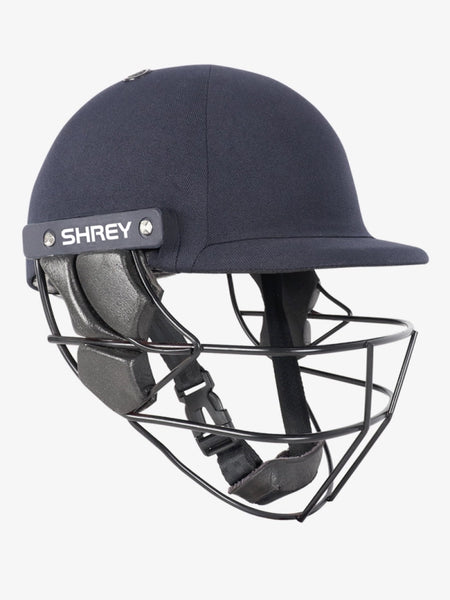 A Shrey Armor 2.0 Mild Steel Helmet in navy, featuring an adjustable chin strap, side padding, and mild steel face guard. The Shrey brand name is visible on the side, with the helmet displayed against a plain white background.