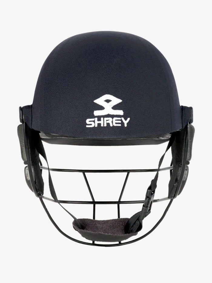 The Shrey Armor 2.0 Steel Helmet - Senior features a navy finish, steel visor, black metal face guard, chin strap, and white SHREY logo on the front, meeting strict ICC safety standards for cricket protection.