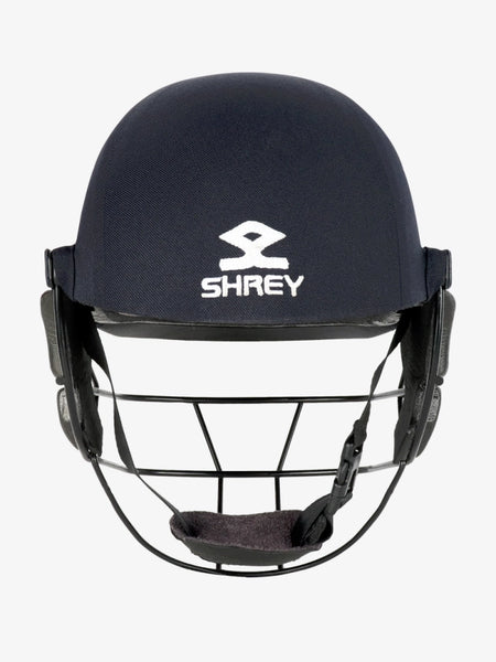 The Shrey Armor 2.0 Steel Helmet - Senior features a navy finish, steel visor, black metal face guard, chin strap, and white SHREY logo on the front, meeting strict ICC safety standards for cricket protection.