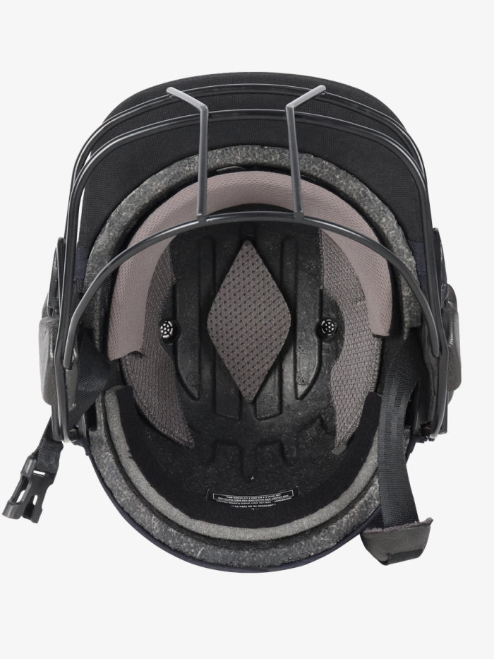 The Shrey Armor 2.0 Steel Helmet - Senior by Shrey is shown from the bottom in black and gray, featuring interior padding, a chin strap, steel visor, and a protective face cage designed for ICC safety standards.