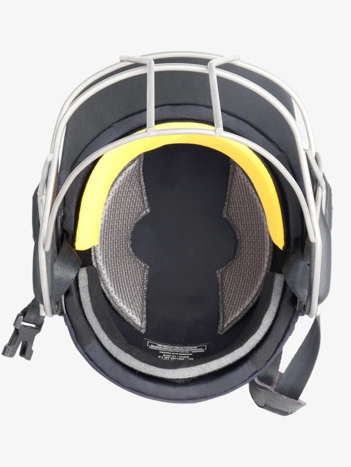 A top-down view of the Shrey Masterclass Air 2.0 Stainless Steel Helmet by Shrey, featuring yellow padding, grey mesh lining, black straps, and an advanced airflow system for comfort.