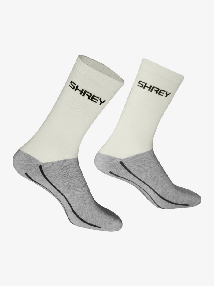 A pair of Shrey Original Performance Socks (Senior) Twin Pack in white and gray, featuring black SHREY branding near the top and black accent lines on the gray foot area. Anti-odour sports socks shown on a plain white background.