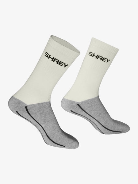 A pair of Shrey Original Performance Socks (Senior) Twin Pack in white and gray, featuring black SHREY branding near the top and black accent lines on the gray foot area. Anti-odour sports socks shown on a plain white background.