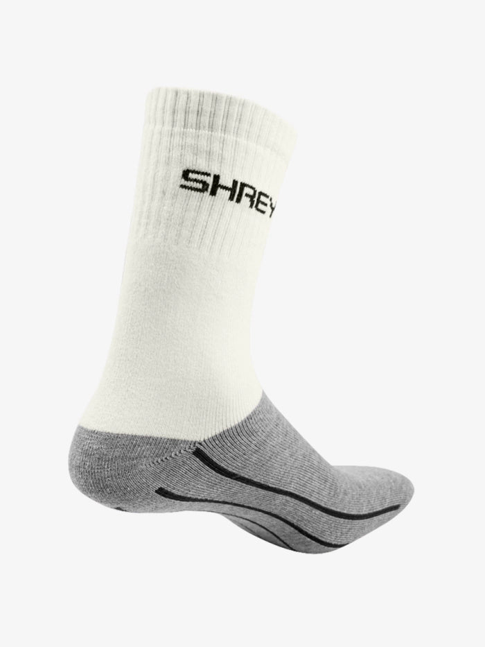 The Shrey Original Performance Socks (Senior) Twin Pack features white ribbed uppers, grey footbeds, black lines, and "SHREY" branding near the top. Designed as anti-odour sports socks.
