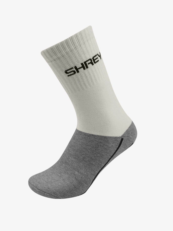 A twin pack of Shrey Original Performance Socks (Senior), featuring a grey foot, white upper, and "SHREY" in black on the ankle. These anti-odour sports socks are shown against a plain white background.