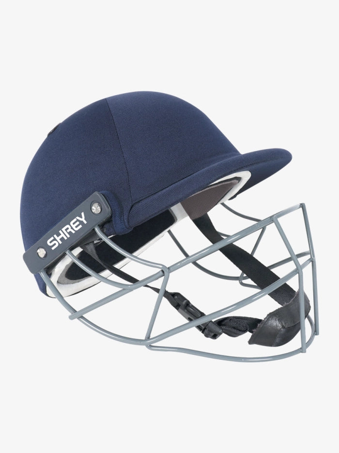 The Shrey Performance 2.0 Steel Cricket Helmet - Senior is a navy blue helmet with a durable ABS shell, metal face guard, and the SHREY logo on the side, shown against a white background.
