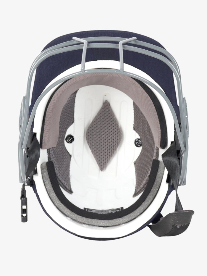 Top-down view of the Shrey Performance 2.0 Steel Cricket Helmet - Senior by Shrey, showcasing its padded interior, chin strap, gray face guard, and durable ABS shell in navy blue.
