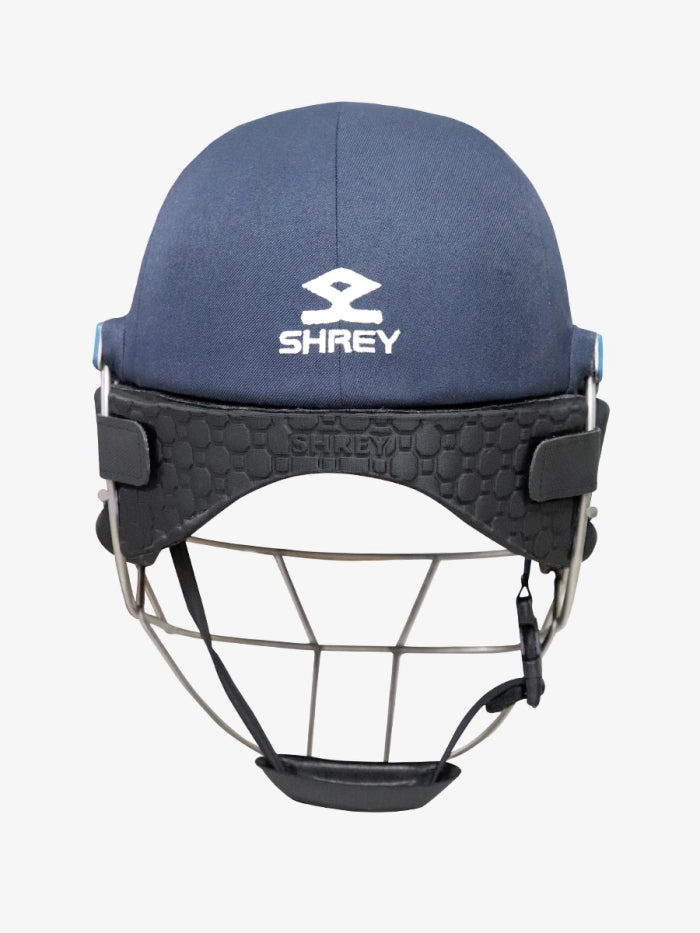 A Shrey Pro Neck Guard by Shrey, featuring a protective metal grille, black padding, and a neck protector for impact absorption, shown from the front on a plain white background.
