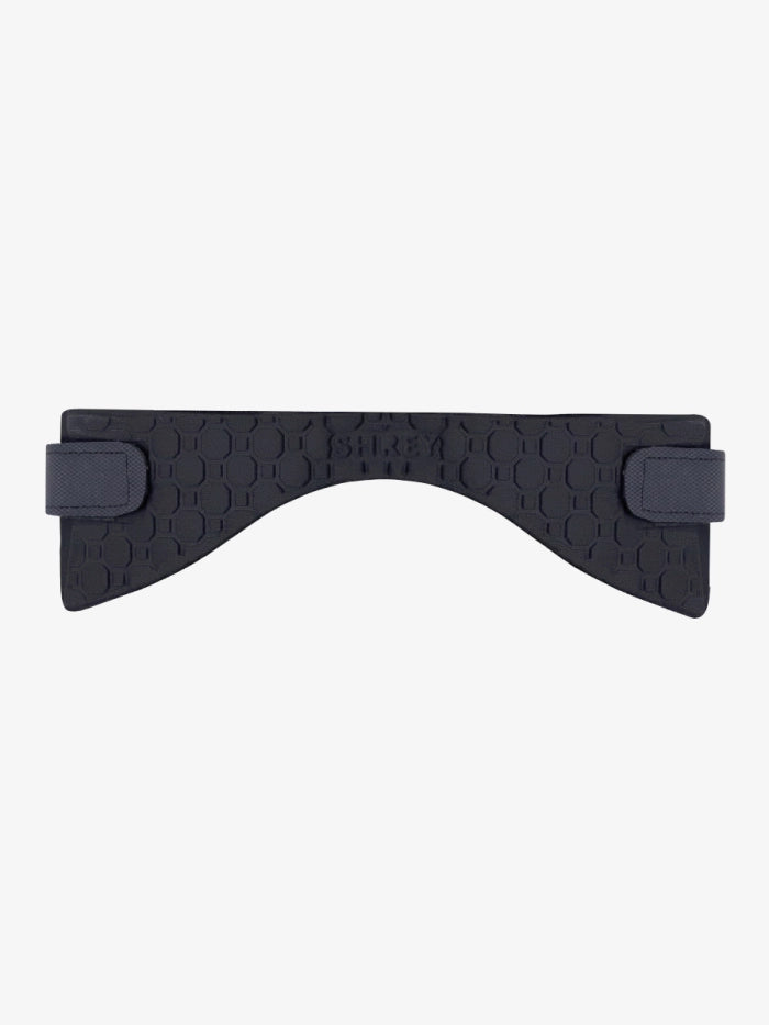 The Shrey Pro Neck Guard by Shrey is a black, textured silicone protector with an arched center, hexagonal pattern for impact absorption, and two rectangular Velcro straps—perfect for any cricket helmet.