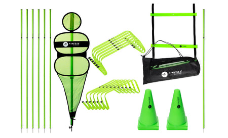 The Small Finesse Coaches bundle by Finesse is a vibrant green set with agility poles, pop-up target net, mini hurdles, cones, agility ladder, and black carrying bag, all neatly displayed on a white background.