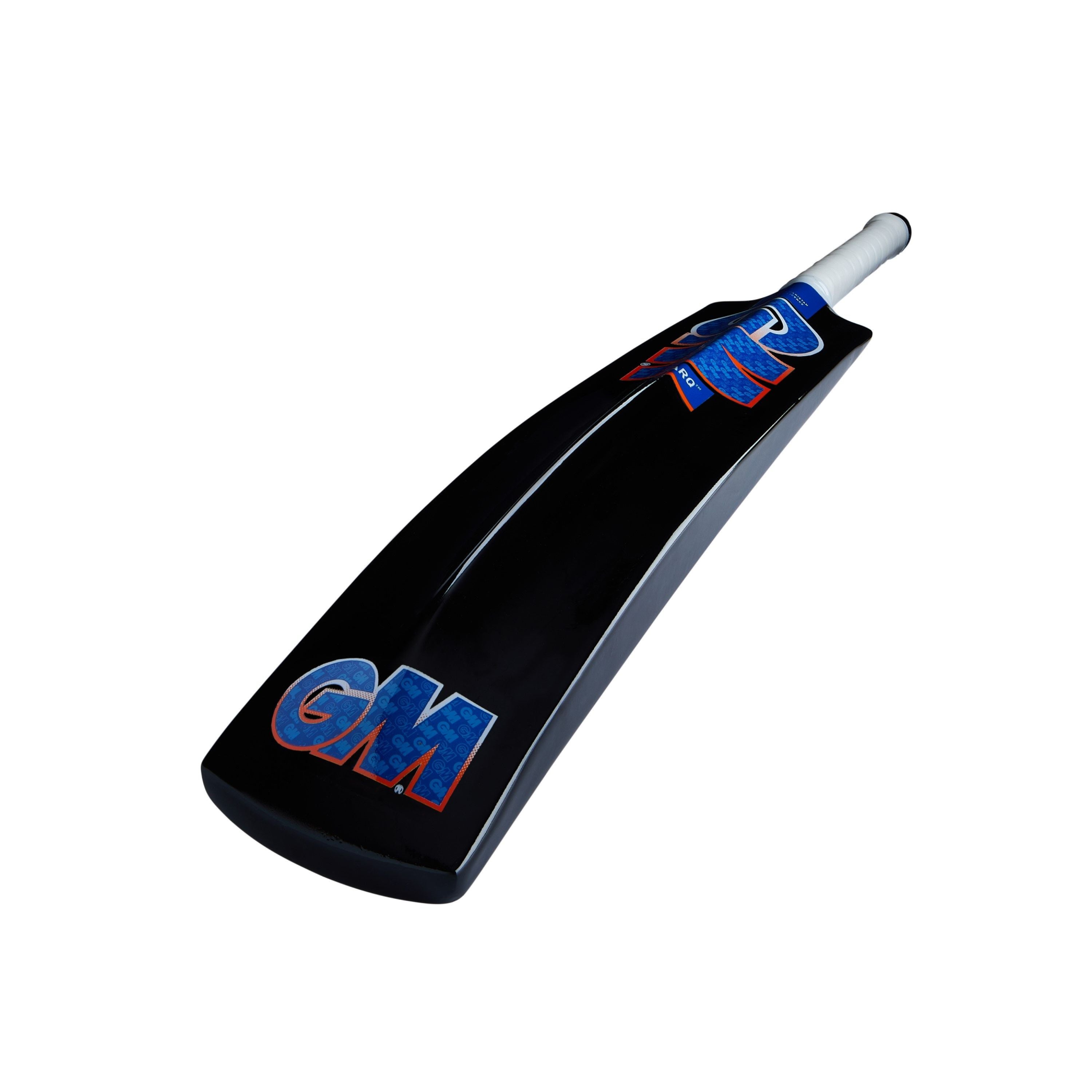 The Sparq Soft Ball Cricket Bat by Gunn & Moore features a black blade with a white handle, blue and red GM branding on the lower blade, and blue-red stickers above. Lightweight design ideal for tapeball cricket. Isolated on a white background.