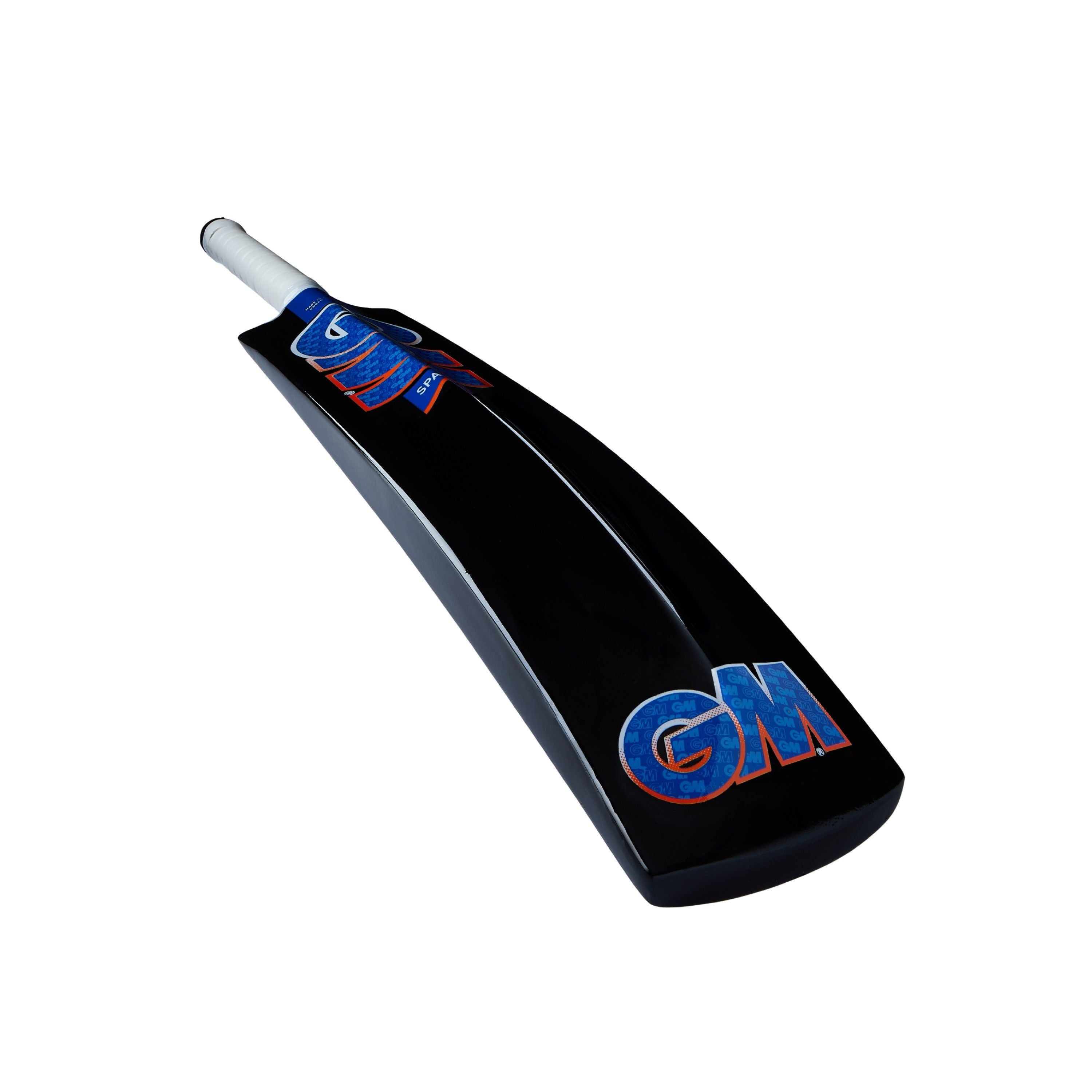 The Sparq Soft Ball Cricket Bat by Gunn & Moore features a black body, blue and red GM branding on the lower end, a white handle, and a lightweight design—perfect for tapeball cricket enthusiasts. Shown against a white background.