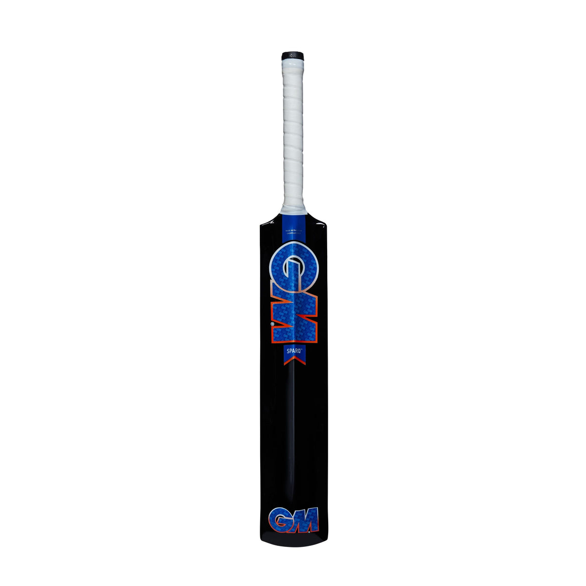 The Sparq Soft Ball Cricket Bat by Gunn & Moore features a lightweight design, black body, blue and red GM branding, and a white grip. Ideal for tapeball cricket, it is shown upright against a white background.