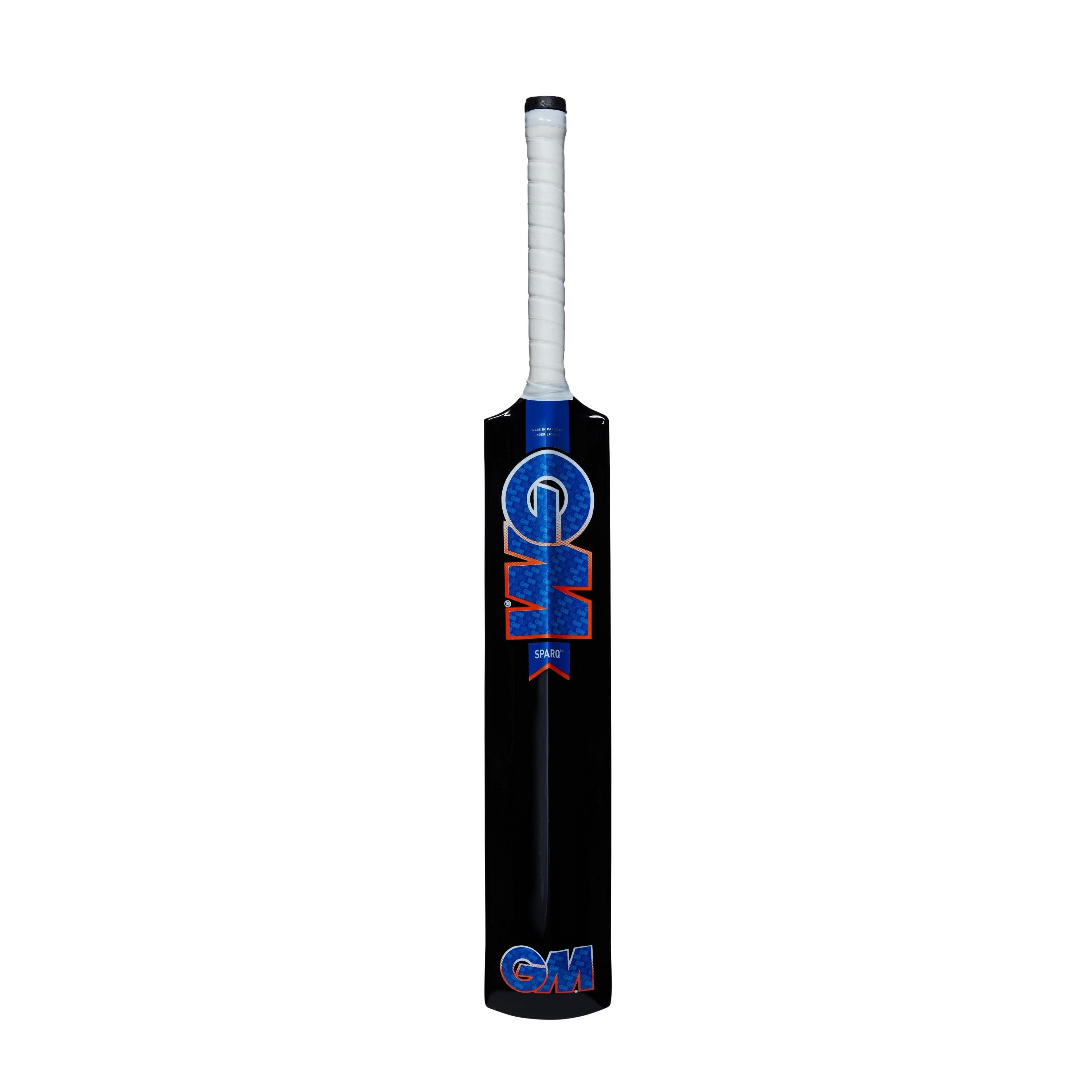 The Sparq Soft Ball Cricket Bat by Gunn & Moore features a lightweight design, black body, blue and red GM branding, and a white grip. Ideal for tapeball cricket, it is shown upright against a white background.