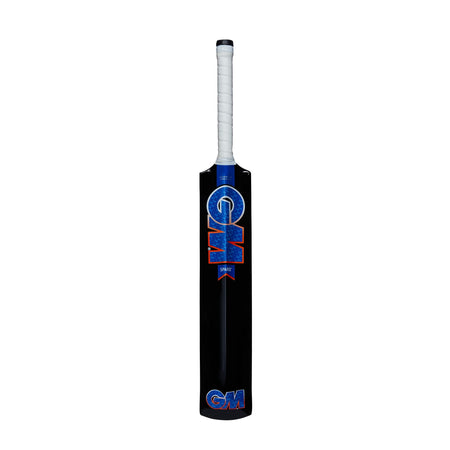 The Sparq Soft Ball Cricket Bat by Gunn & Moore features a lightweight design, black body, blue and red GM branding, and a white grip. Ideal for tapeball cricket, it is shown upright against a white background.