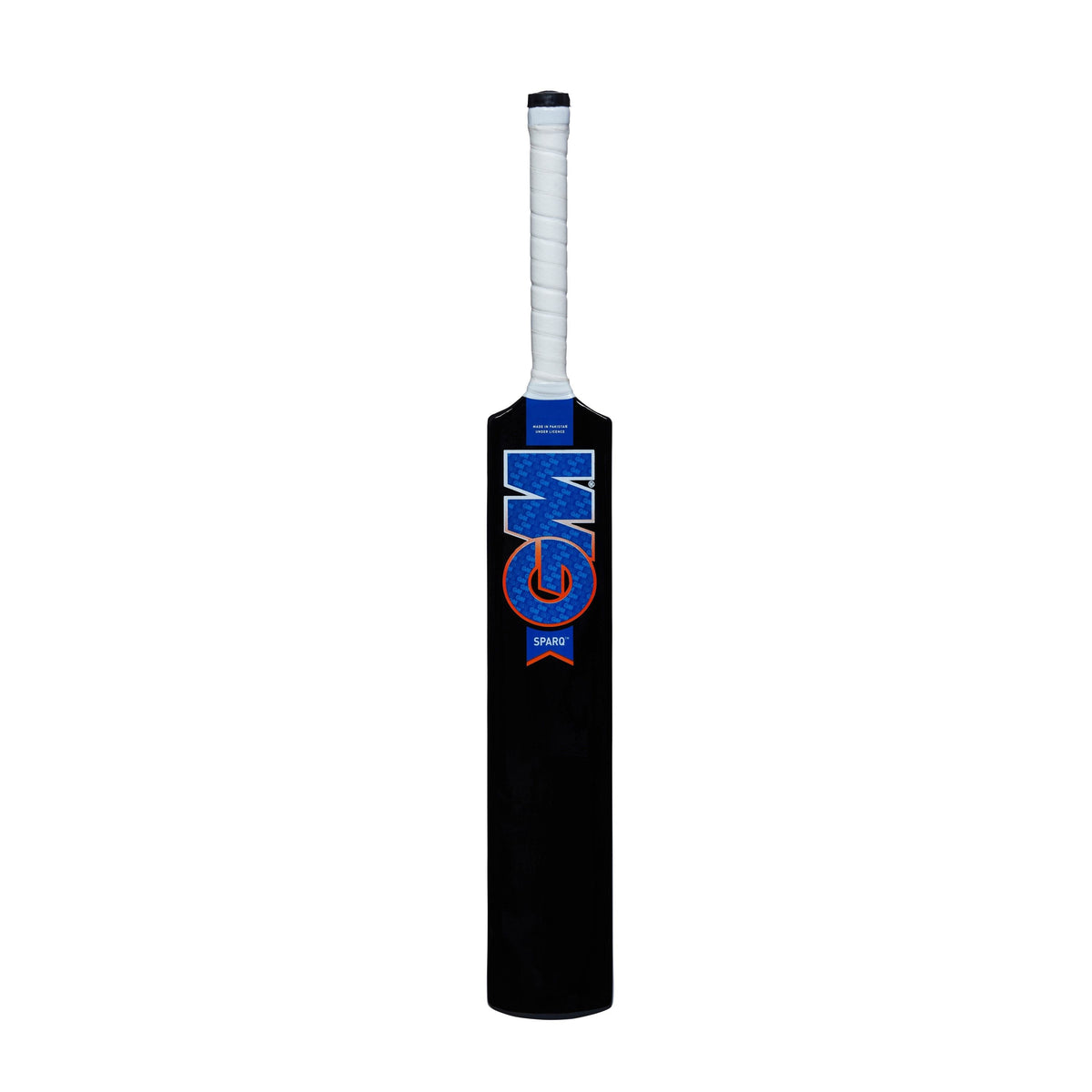 The Gunn & Moore Sparq Soft Ball Cricket Bat features a lightweight design with a white handle, black blade, and blue GM SPARQ sticker. Ideal for soft ball and tapeball cricket, the bat is shown upright against a white background.
