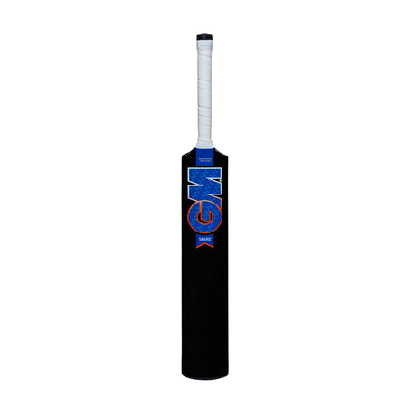 The Gunn & Moore Sparq Soft Ball Cricket Bat features a lightweight design with a white handle, black blade, and blue GM SPARQ sticker. Ideal for soft ball and tapeball cricket, the bat is shown upright against a white background.