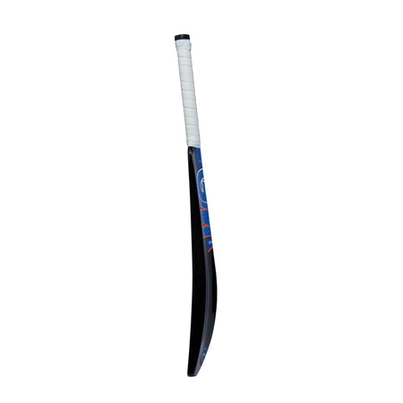 The Gunn & Moore Sparq Soft Ball Cricket Bat features a white grip, blue and black blade with orange accents, and a lightweight design, shown standing upright against a plain white background.