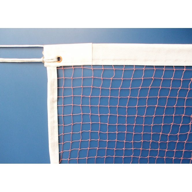 A close-up of the top corner of the Sure Shot 7.3m Badminton Net by Sure Shot, featuring regulation mesh with a white fabric border and grommet, set against a blue background.