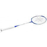 The Sure Shot Athens Badminton Racket, featuring a blue and white design with a white grip and black strings made of tempered steel, is displayed against a plain white background.