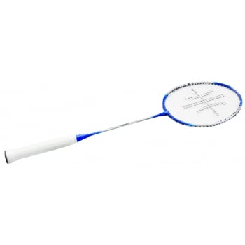 The Sure Shot Athens Badminton Racket, featuring a blue and white design with a white grip and black strings made of tempered steel, is displayed against a plain white background.