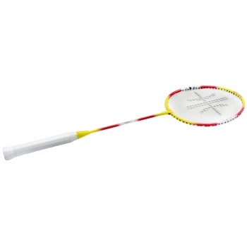 The Sure Shot Beijing Badminton Racket by Sure Shot features an aluminium head, white handle, red and yellow shaft, round head with black strings, shown against a plain white background.