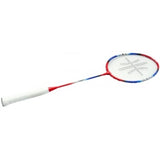 The Sure Shot London Badminton Racket by Sure Shot features a white grip, red and blue frame, white strings with a black crisscross pattern—making it ideal for beginners.