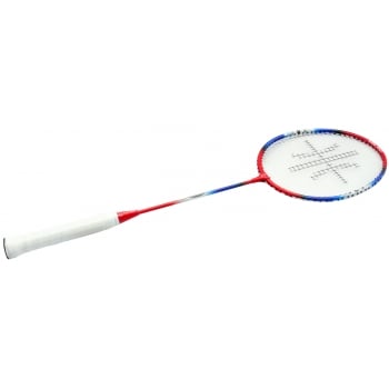 The Sure Shot London Badminton Racket by Sure Shot features a white grip, red and blue frame, white strings with a black crisscross pattern—making it ideal for beginners.